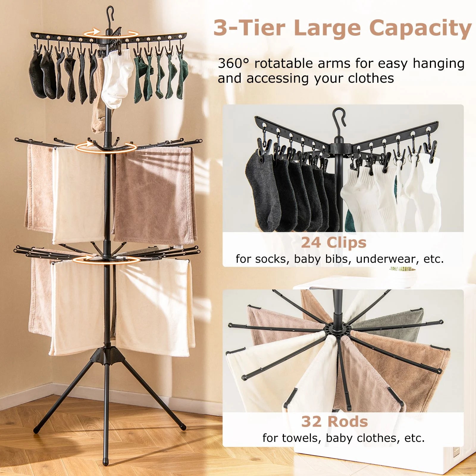 3-Tier Folding Clothes Drying Rack Tripod Laundry Drying Rack