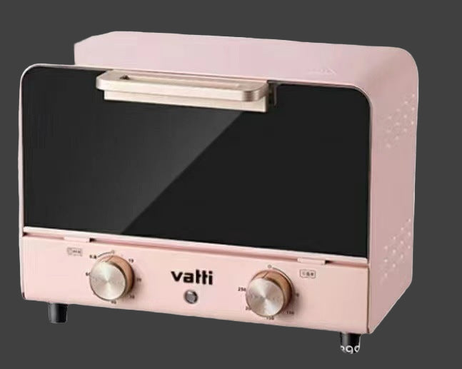 Pink toaster oven with 'vatti' branding on a white background